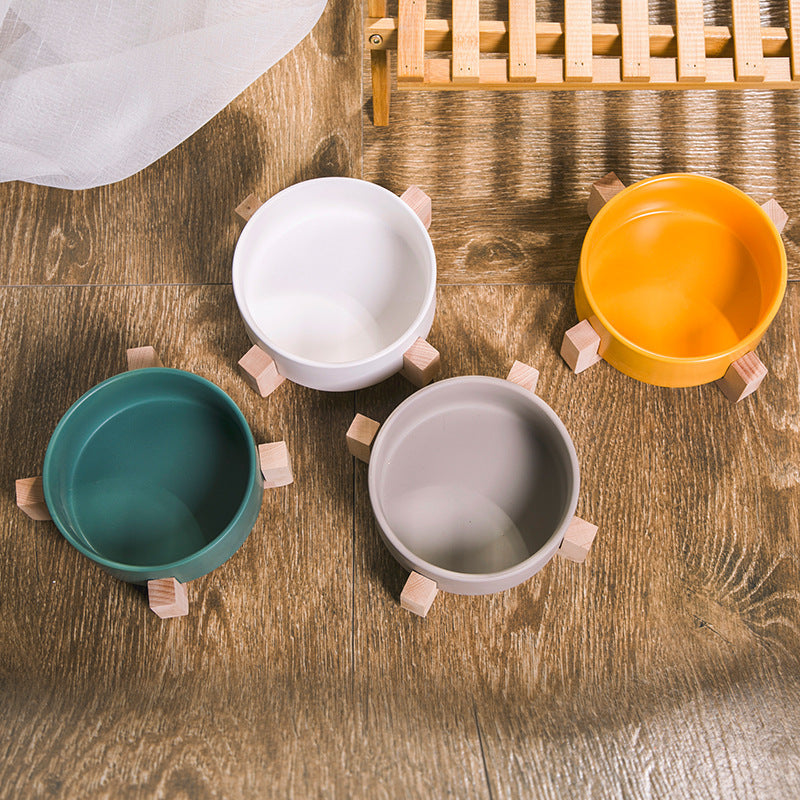 Ceramic Pet Bowl with Wooden Stand and Noodle Bowl - Haven & Paw