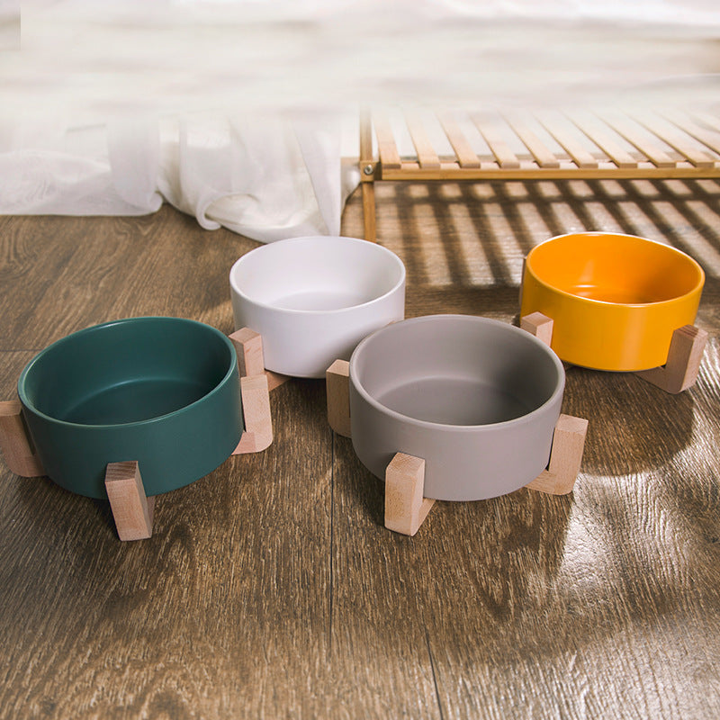 Ceramic Pet Bowl with Wooden Stand and Noodle Bowl - Haven & Paw