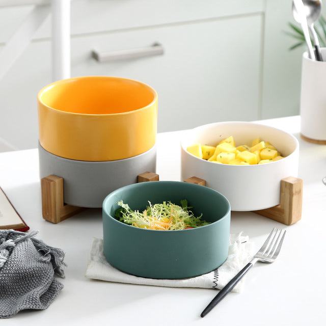 Ceramic Pet Bowl with Wooden Stand and Noodle Bowl - Haven & Paw